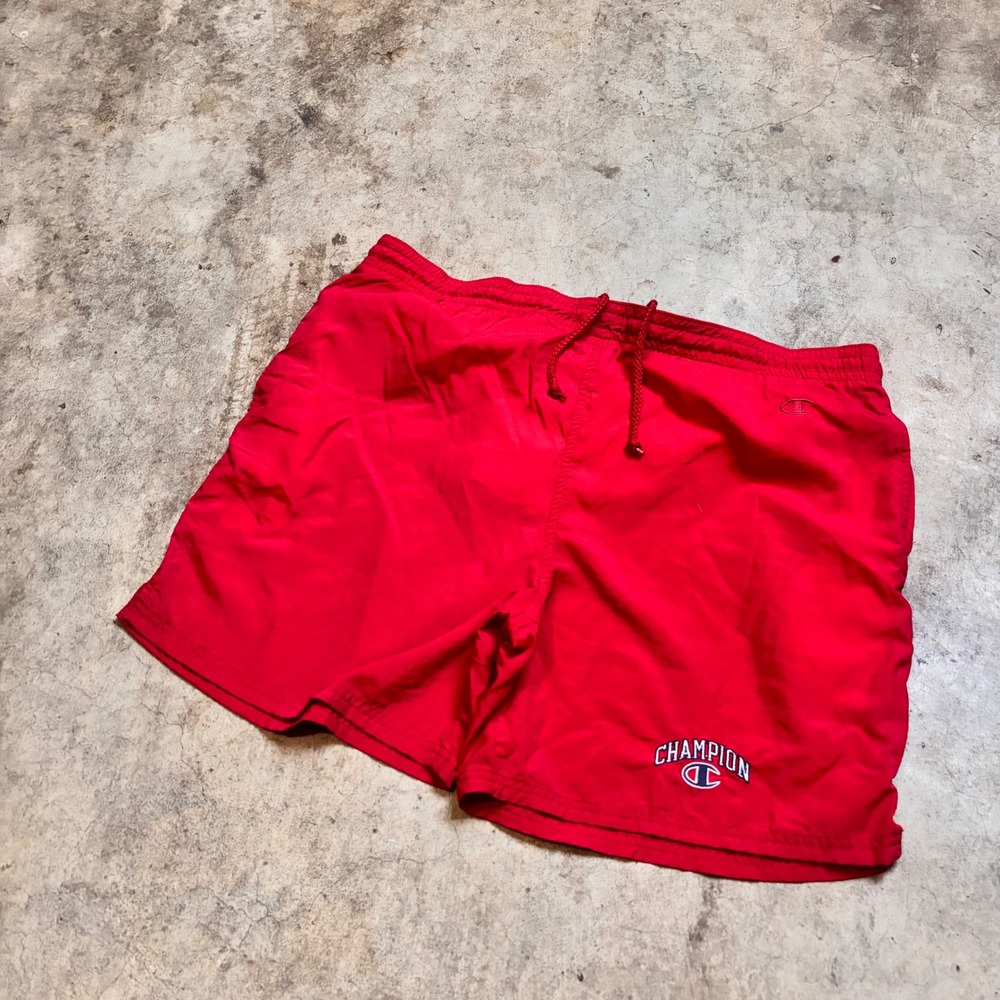 Champion Red Swim Trunks Vintage Style Mesh Lined Embroidered Logo Size Large